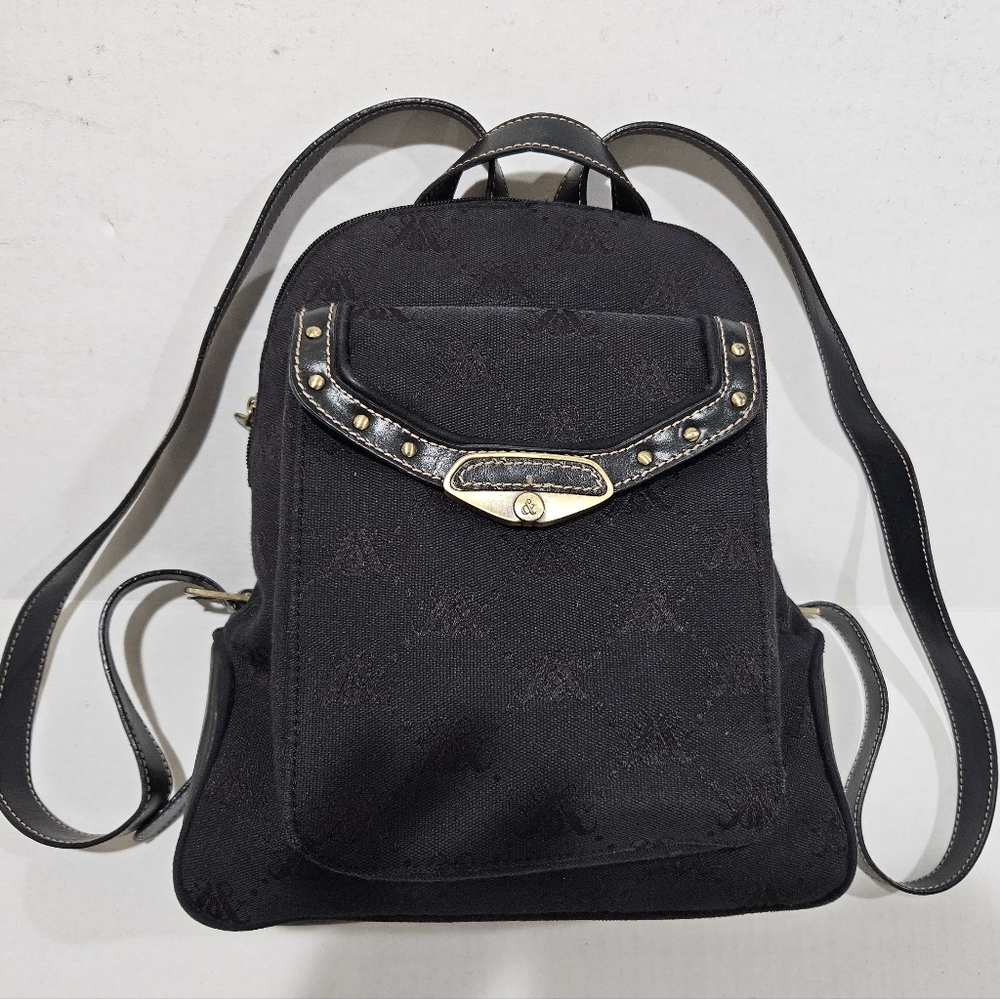 Style & Co Black Monogram Fabric PVC Casual Backpack Sm-Med 11" Studded Snap Zip